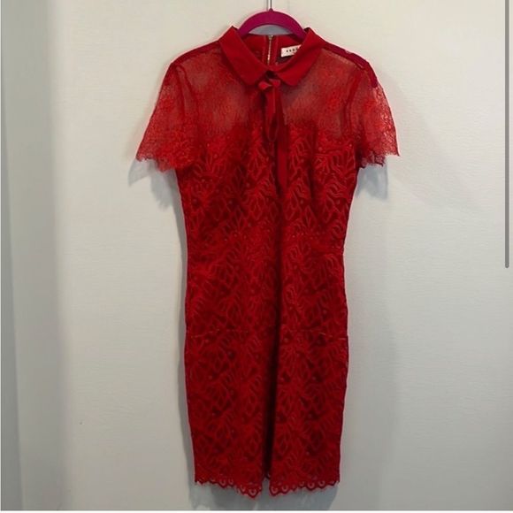 Sandro red “Rozen” lace panel bow dress 3/L - Picture 2 of 4